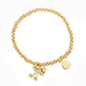 Golden titanium steel beaded bracelet featuring lucky gourd and blessing coin charms