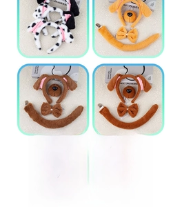 Detail showing plush dog ear headband set including matching bowtie and tail accessory