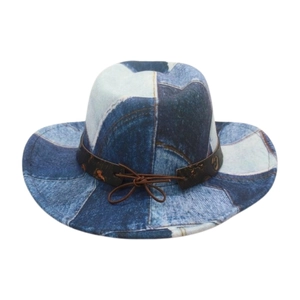 Detail of patchwork denim pattern hat with brown leather band and knot decoration
