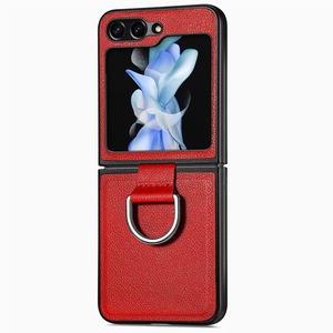 Detail of red PU leather case with metal ring kickstand for Galaxy Z Flip fold phone