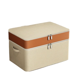 Large capacity non-woven storage bag with cream weave pattern and leather handle