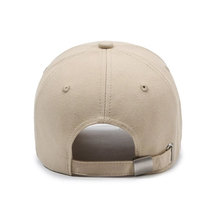 Beige cotton baseball cap with adjustable metal slider buckle on back view