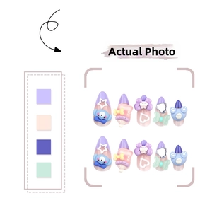 Detail of 3D purple press-on nails with cute bear, bow, and milk bottle decorations