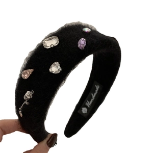 Elegant black plush headband with colorful crystal rhinestones and silver metal roses