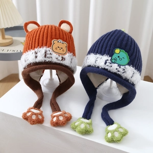 Kids Winter Knitted Ear Protection Hat Cute Cartoon Animal Design Fleece Lined Warm Thick Windproof Beanie For Toddlers
