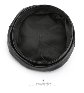 Internal detail of black leather octagonal hat with fabric lining and sweatband