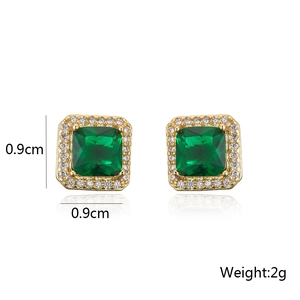 Macro shot of 18K gold plated square earrings with green zircon and side dimensions