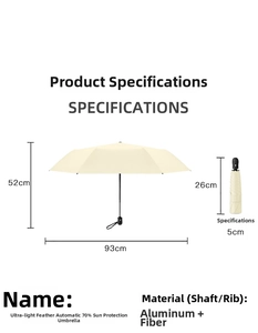 Specifications of ultra-light automatic umbrella showing size 93cm and folding length 26cm