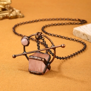 Vintage rose quartz cube pendant necklace with antique bronze chain for women