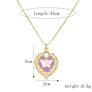 Detailed view of heart necklace size 3x2cm and butterfly pendant specs on white background
