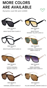Detailed grid of oversized square sunglasses showing UV400 lenses and assorted frame colors