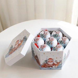 Christmas 8cm ball ornament set in hexagon gift box with festive Santa reindeer patterns