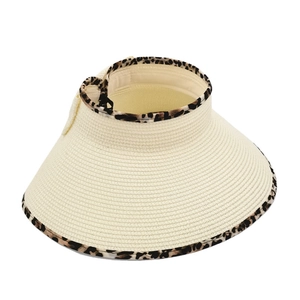 Detail of cream straw visor hat featuring leopard print trim and adjustable open top