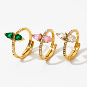 Three adjustable stainless steel rings with pear-cut colorful zircons in a butterfly design