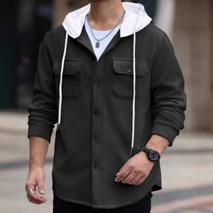 Men's textured hoodie jacket with contrast white hood and geometric embossed fabric
