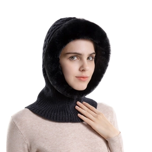 Winter thermal knit hooded scarf with thick faux fur trim and integrated ear protection