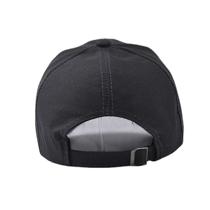 Detail view of cotton baseball cap back with adjustable metal buckle and black strap
