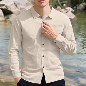 Men's casual long sleeve waffle texture shirt in beige with buttons and turndown collar