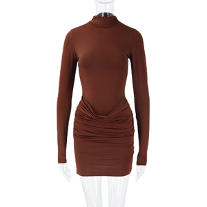 Detail view of brown ruched long sleeve mini dress featuring a stand collar and bodycon fit
