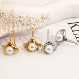 Ginkgo Leaf Artificial Pearl Hook Earrings Stainless Steel PVD 18K Gold Plated Fan Shaped Elegant Waterproof Hypoallergenic Jewelry
