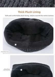 Detailed view of thick plush lining in grey knitted hat and neck warmer scarf set