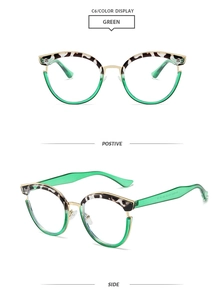 Detail of TR90 cat-eye frames with leopard print top and translucent green bottom