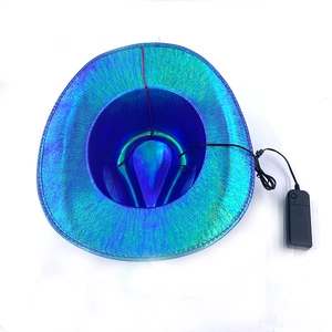 Close-up of LED iridescent cowboy hat showing colorful surface and external battery pack