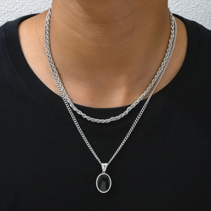 Double-layer silver chain necklace with twist and Cuban links and black gemstone pendant