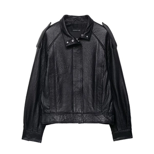 Damen PU Lederjacke Oversized Kunstleder Streetwear Bikerjacke Mit Reverskragen Reißverschluss Und Schulterklappen Schwarz