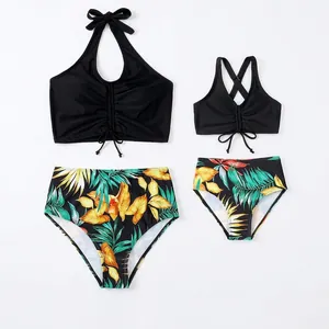 Top Bikini Halter E Slip A Vita Alta Stampa Tropicale Costume Da Bagno Coordinato Per Famiglia Donne Ragazze
