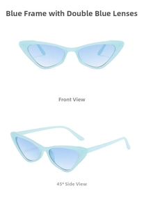 Vista frontale e laterale di occhiali da sole cat eye azzurri con protezione UV donna