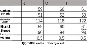 Tableau des tailles détaillé pour blouson aviateur en similicuir avec mesures du buste