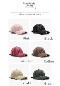 Detailed overview of vintage washed cotton baseball caps with distressed holes and B embroidery