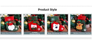 Detail of four festive 3D Christmas stockings featuring Santa, Snowman, Bear, and Reindeer
