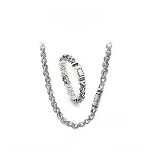 Detail showing vintage stainless steel wheat chain set with necklace and bracelet sizes
