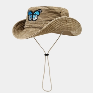 Chapeau Bob Broderie Papillon Coton Lavé Chapeau De Soleil Avec Corde Coupe-Vent Réglable Extérieur Rétro Large Bord Femmes