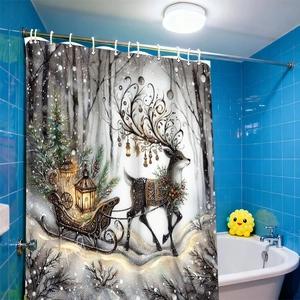 Christmas reindeer sled in snowy forest scene waterproof polyester bathroom shower curtain