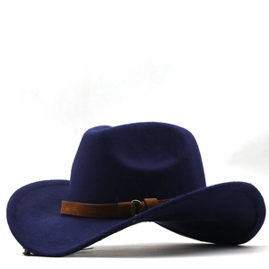 Classic dark blue western cowboy felt hat with wide brim and brown leather buckle band