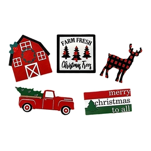 5-piece rustic Christmas tiered tray set with red barn, plaid reindeer, and truck decor