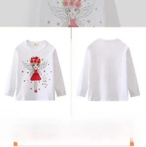 Detail of white long sleeve kids tee with cute fairy print and ribbed round neck
