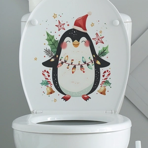 Christmas penguin toilet lid sticker with colorful festive lights and bells decoration