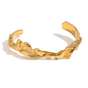Minimalist 18K gold plated stainless steel open bangle with irregular lava texture