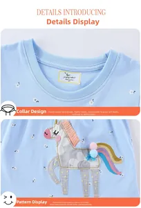 Detail of toddler dress showing unicorn embroidery with 3D colorful pom-poms on blue fabric