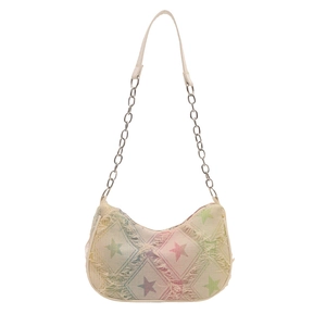 Rainbow star patterned woven hobo bag with fringe and mixed chain shoulder strap