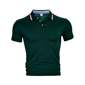 Detail of dark green quick-dry polo shirt with red white striped collar and 3-button placket