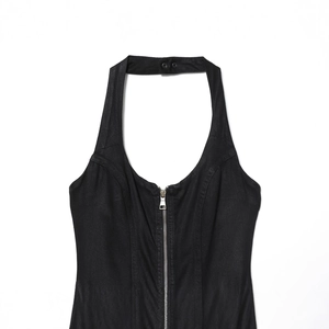 Women's chic black halter neck denim bodycon dress with front zipper detail