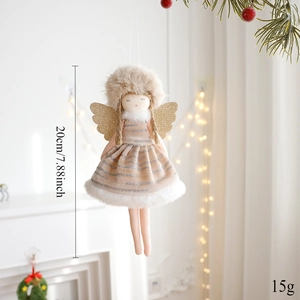 Detail view of plush angel hanging ornament with gold wings and size label 20cm