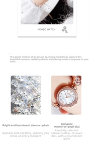 Macro view of mother of pearl dial and zircon inlay on rose gold quartz watch