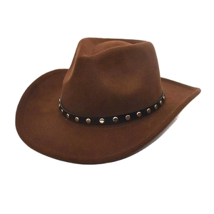 Detail of dark brown wool cowboy hat featuring a black leather band with gold metal studs