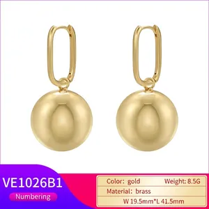 French vintage 18K gold plated brass hoop earrings with polished spherical ball pendant
